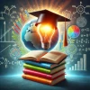 DALL·E 2024-07-13 10.42.38 - A symbol representing education  A stack of books with a graduation cap on top, an open book with pages turning, and a glowing light bulb above it. Th